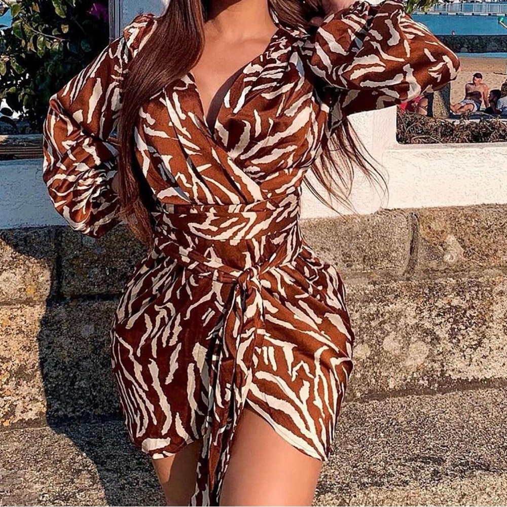 Fashion Nova Brown Animal Print Long Sleeve Dress